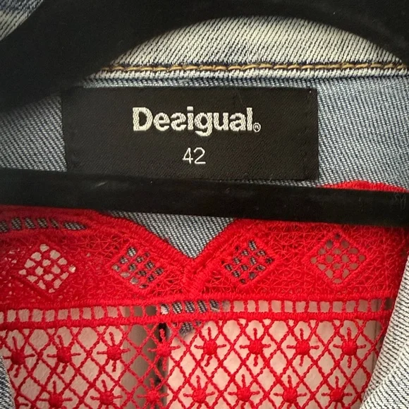 Desigual Light-Wash Denim Jacket with Navy & White Striped Knit Sleeves - Picture 3 of 10